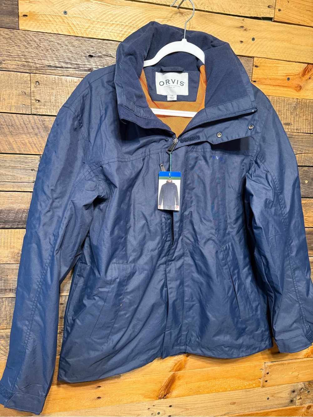 NWT Orvis Mens Large Navy Blue Water Resistant Packable Hood Windbreaker Jacket